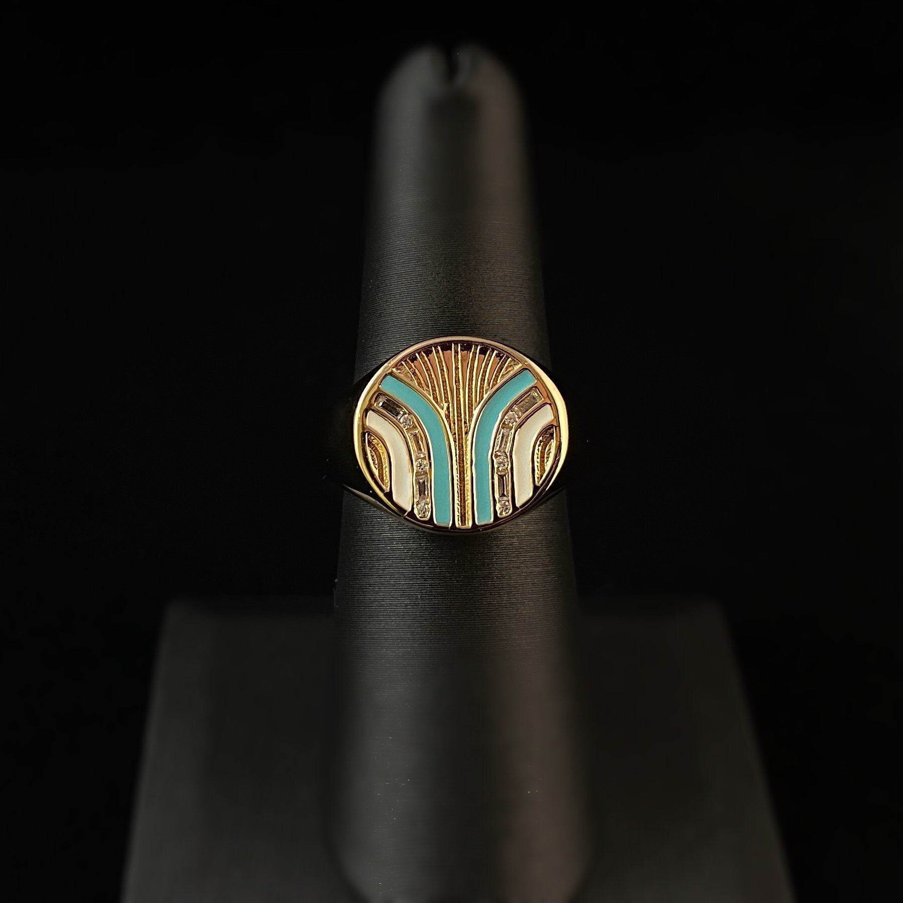 1920s Art Deco Style Gold Signet Ring with Turquoise and White Banded Lines - South Beach, Size 7