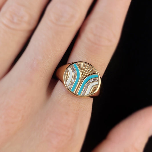 1920s Art Deco Style Gold Signet Ring with Turquoise and White Banded Lines - South Beach, Size 7