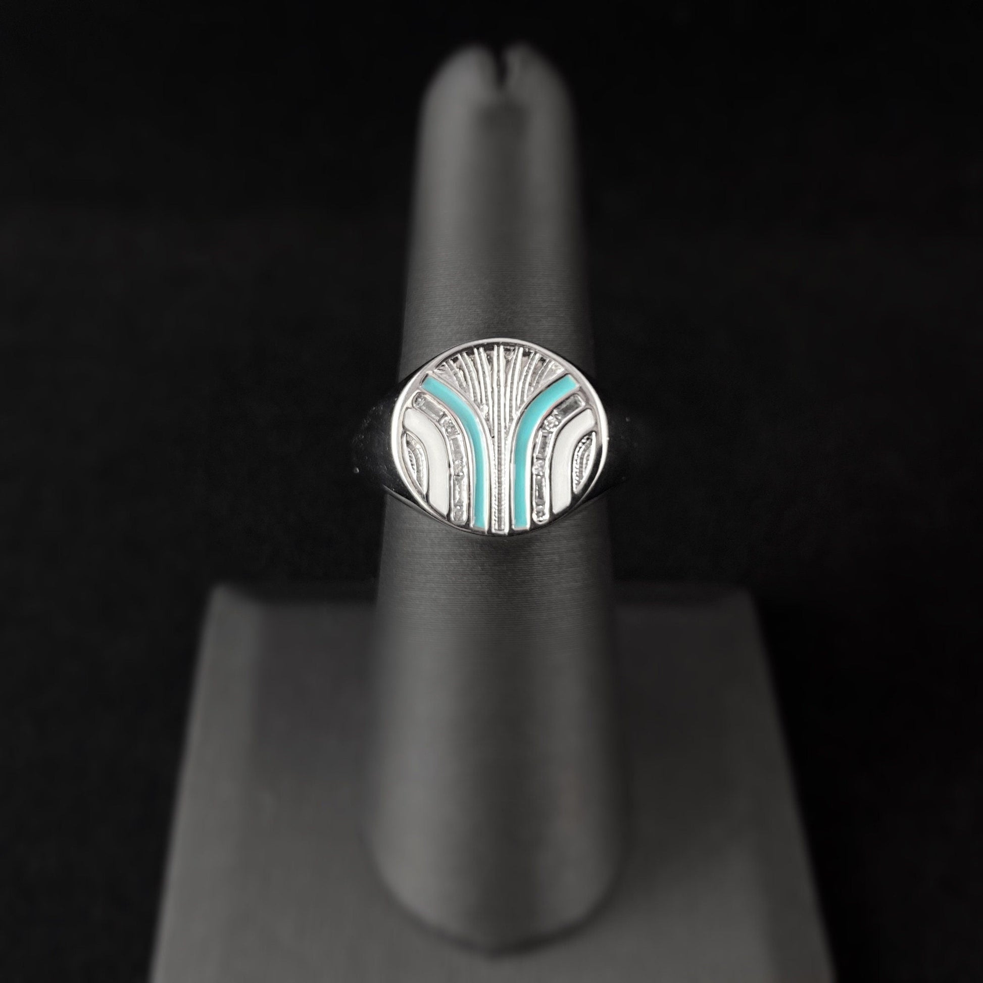 1920s Art Deco Style Silver Signet Ring with Turquoise and White Banded Lines - South Beach, Size 8