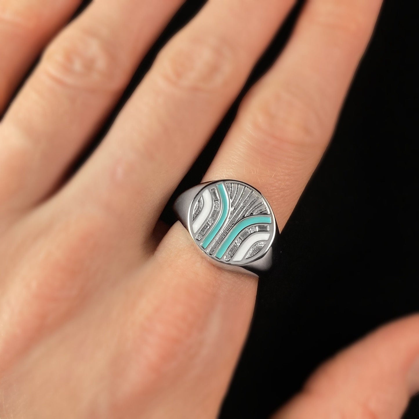 1920s Art Deco Style Silver Signet Ring with Turquoise and White Banded Lines - South Beach, Size 8