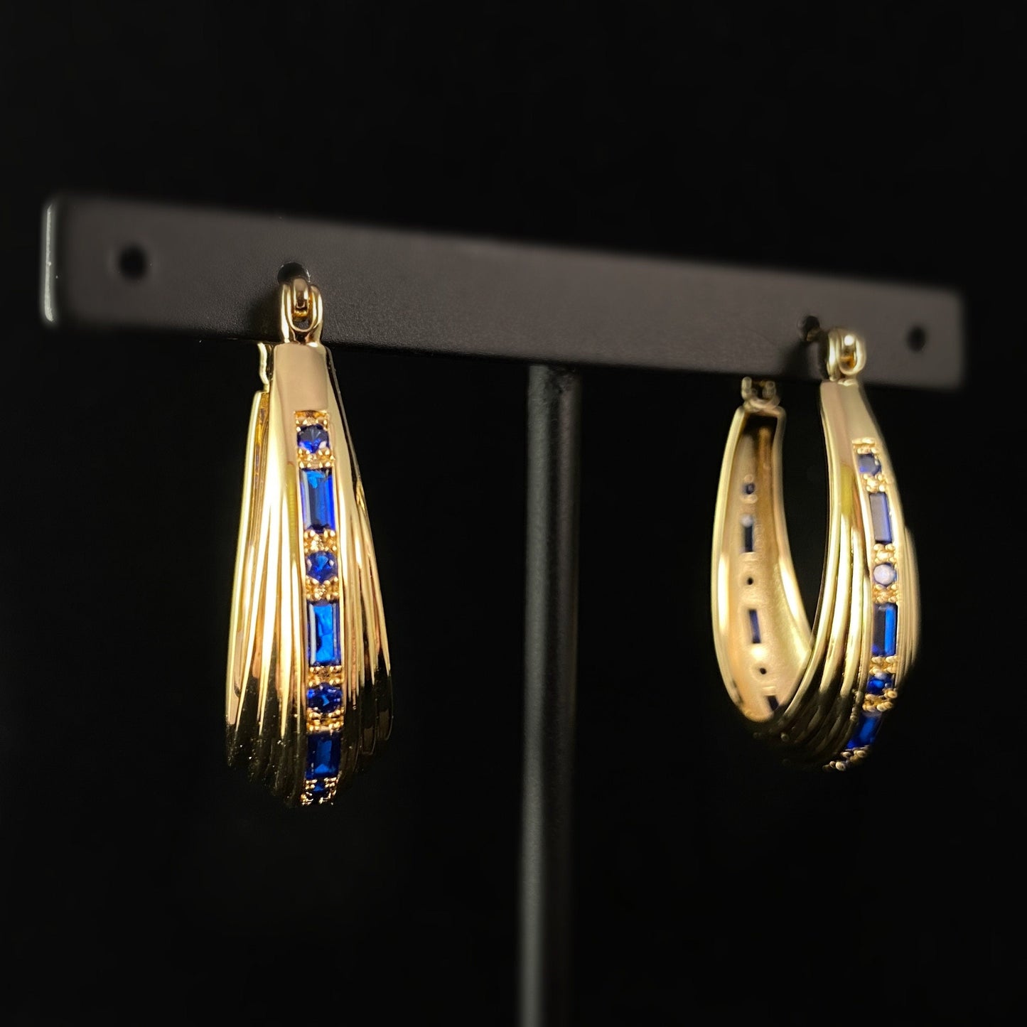 1920s Chunky Gold Statement Hoop Earrings with Sapphire CZ - Inner Light