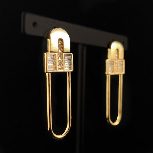 1920s Gold Abstract Safety Pin Earrings with Clear CZ Crystal Accents - Fashionable Jewelry for Women