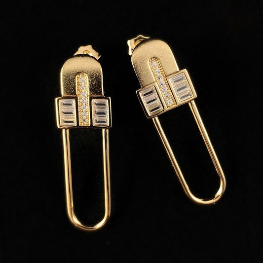 1920s Gold Abstract Safety Pin Earrings with Clear CZ Crystal Accents - Fashionable Jewelry for Women