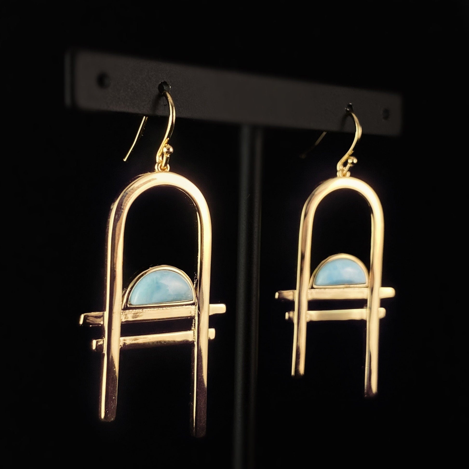 1920s Gold Abstract Statement Earrings with Blue Larimar Stone Accents - Carlyle