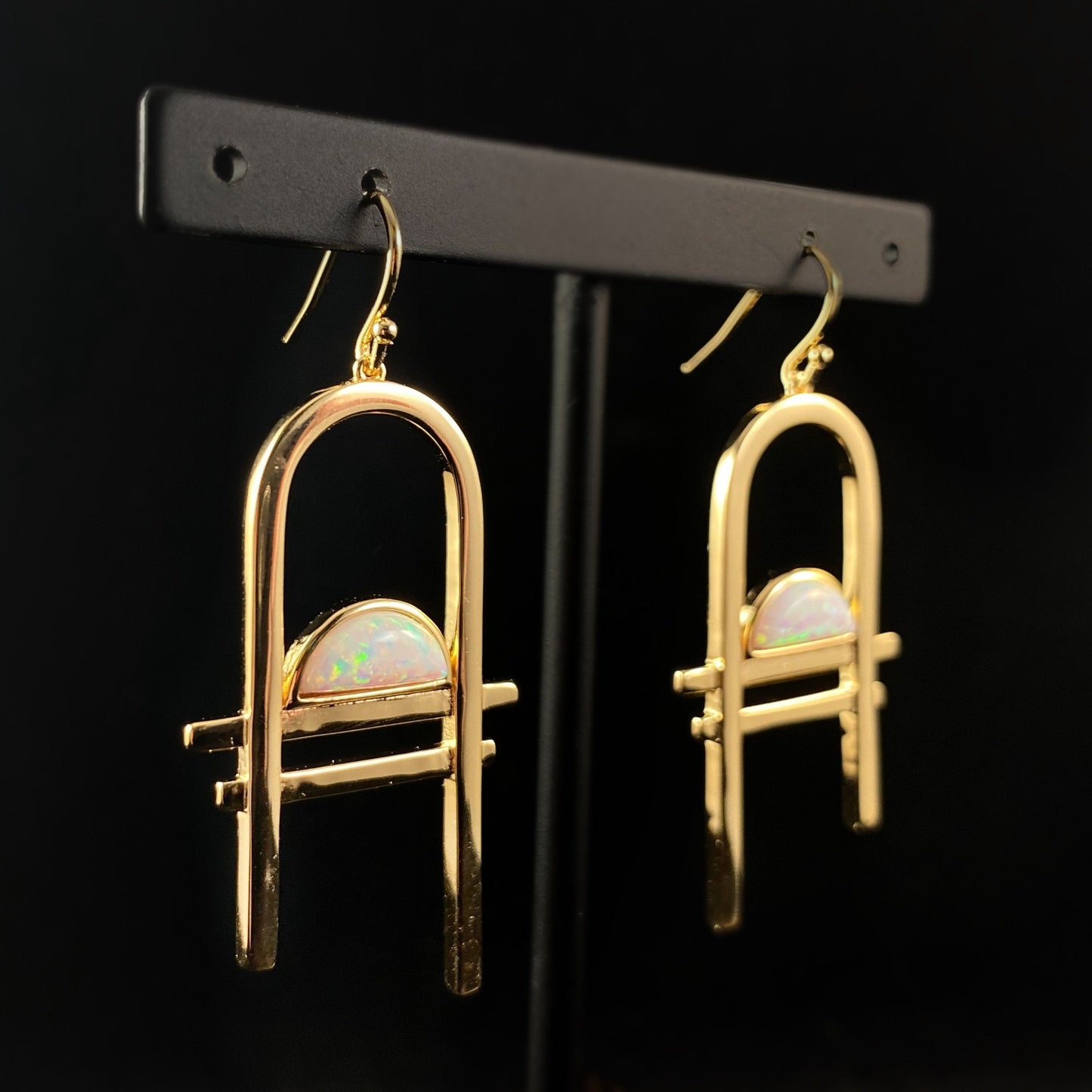1920s Gold Abstract Statement Earrings with Opal Accent Stone - Carlyle