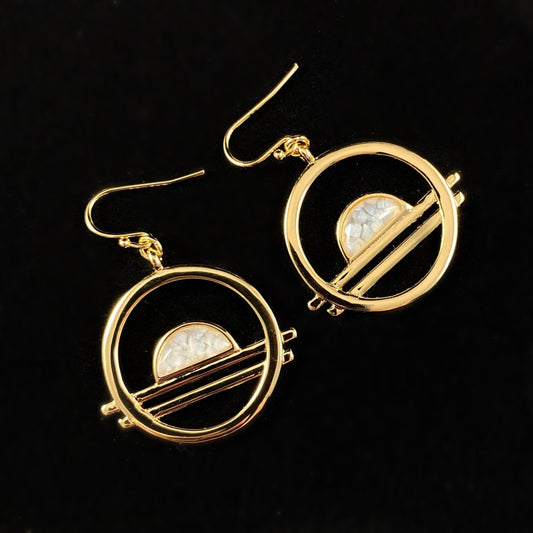 1920s Gold Abstract Statement Earrings with Opalescent Mother of Pearl Accents - Ocean Drive