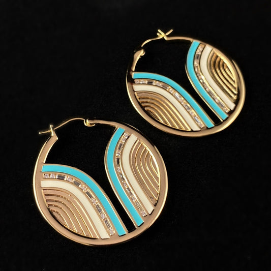 1920s Gold Abstract Statement Earrings with Turquoise and White Banded Lines - South Beach
