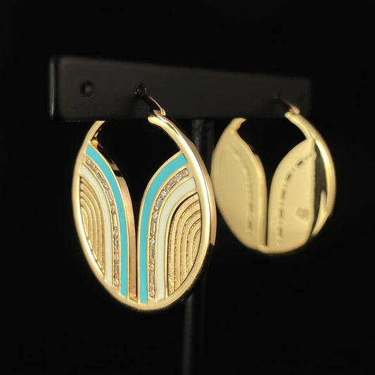 1920s Gold Abstract Statement Earrings with Turquoise and White Banded Lines - South Beach