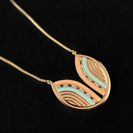 1920s Gold Art Deco Necklace with Coral and Mint Banded Lines - South Beach