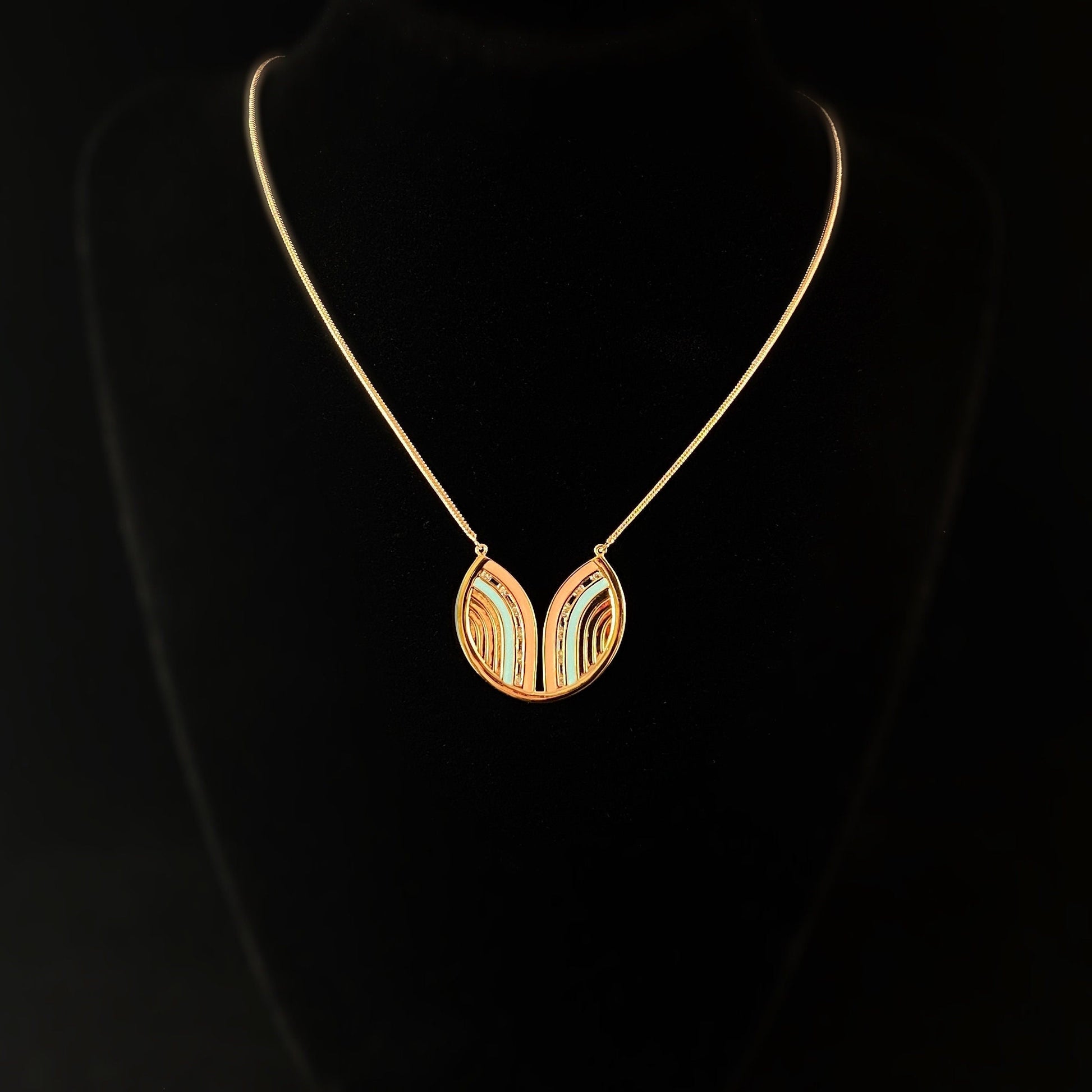 1920s Gold Art Deco Necklace with Coral and Mint Banded Lines - South Beach