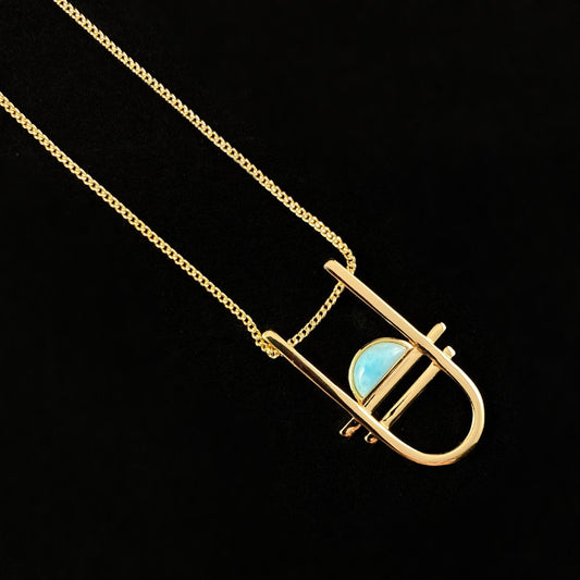 1920s Gold Art Deco Necklace with Natural Blue Larimar Stone - Carlyle
