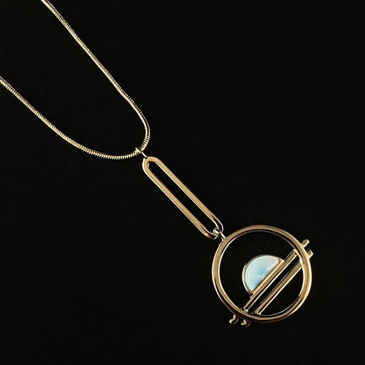 1920s Gold Art Deco Necklace with Natural Blue Larimar Stone - Ocean Drive