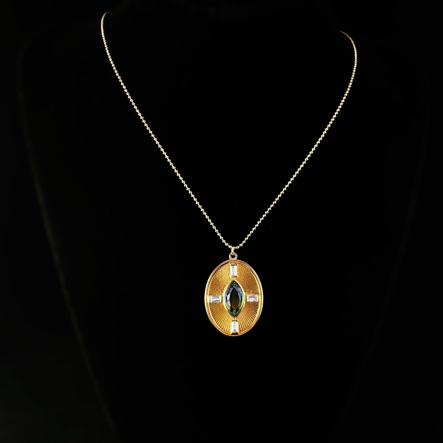 1920s Gold Art Deco Necklace with Ocean Quartz and Clear Stone Accents Pendant