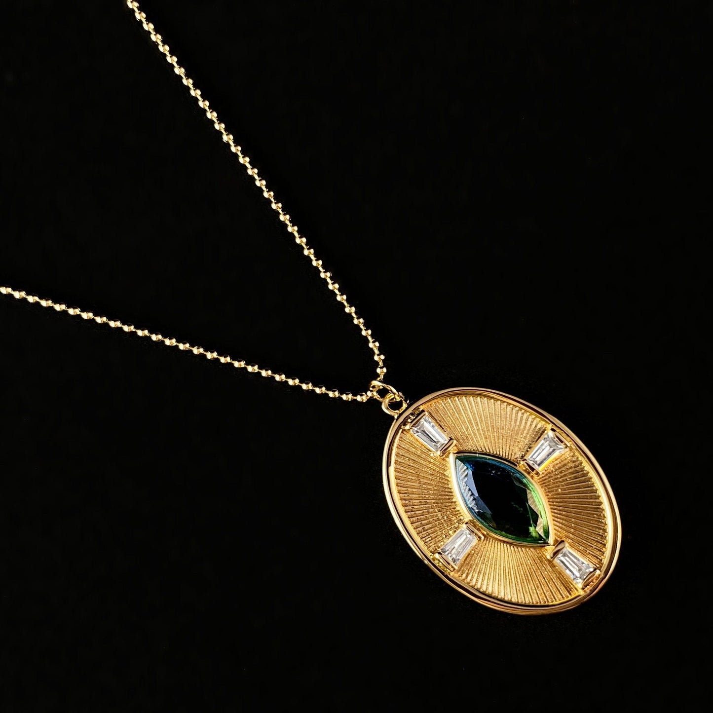 1920s Gold Art Deco Necklace with Ocean Quartz and Clear Stone Accents Pendant