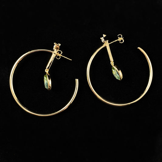1920s Gold Statement Hoops Earrings with Green Marquise Quartz Stone - Ocean Marquise