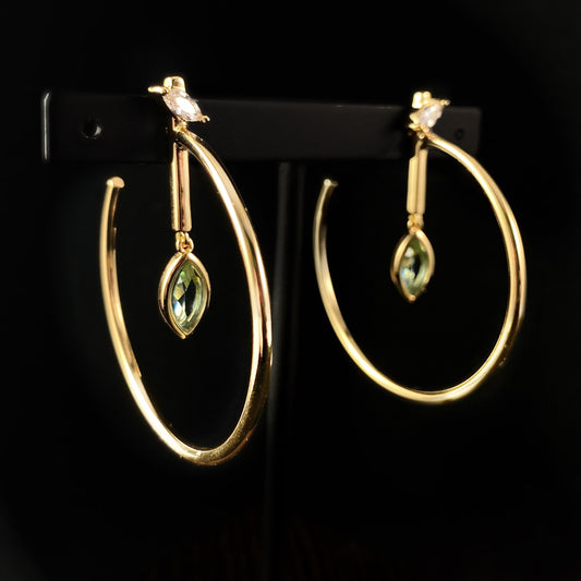 1920s Gold Statement Hoops Earrings with Green Marquise Quartz Stone - Ocean Marquise