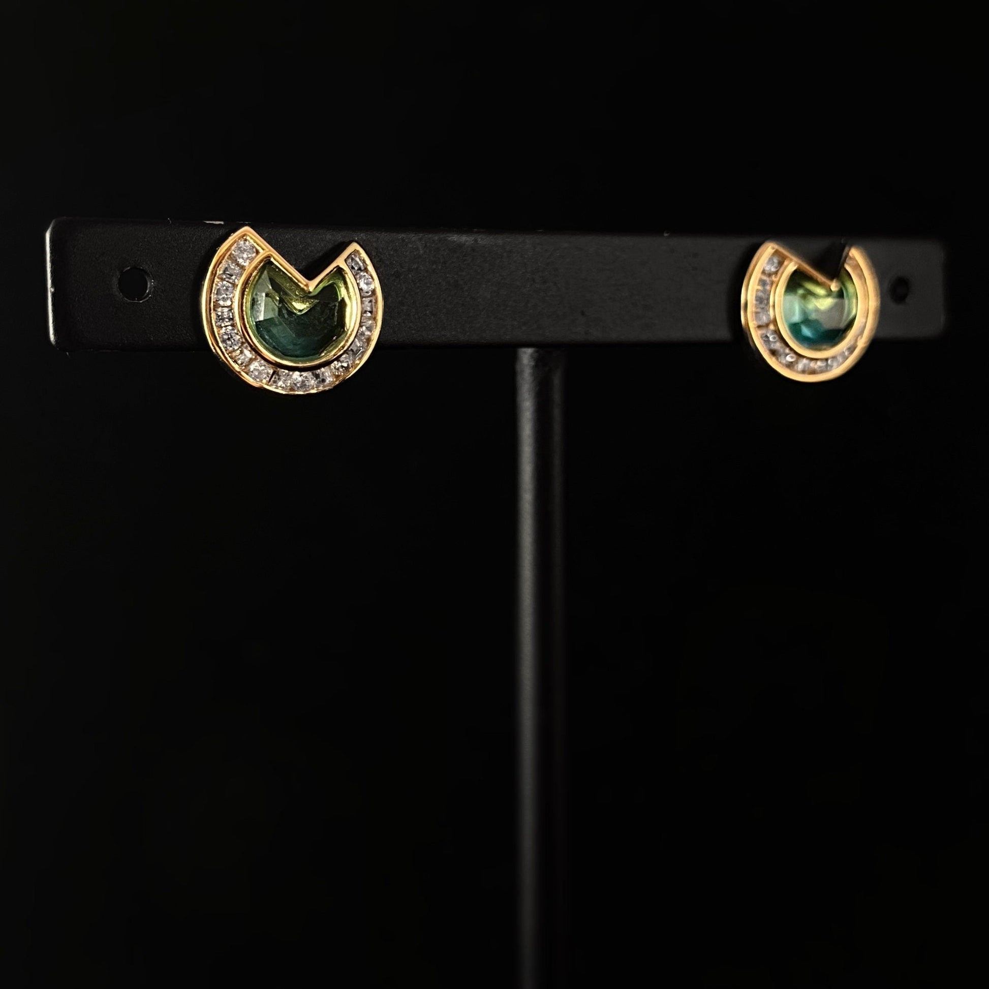 1920s Gold Statement Stud Earrings with Green/Blue Quartz Stone - Daybreak Sky