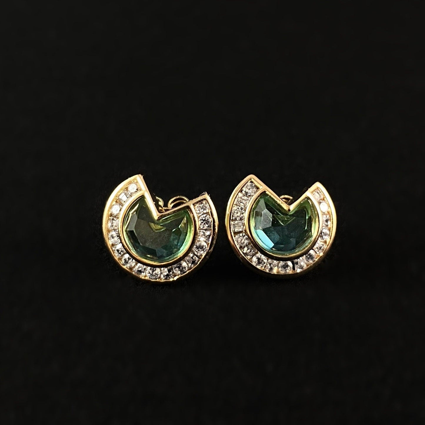 1920s Gold Statement Stud Earrings with Green/Blue Quartz Stone - Daybreak Sky