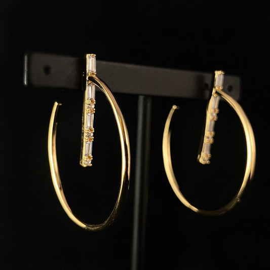 1920s Large Gold Baguette Bar Hoop Earrings