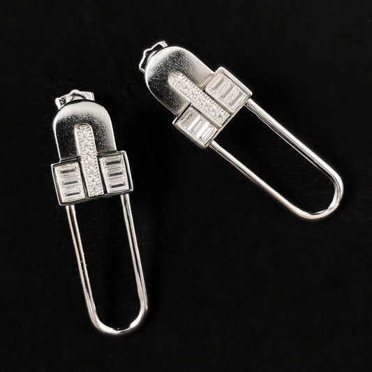 1920s Silver Abstract Safety Pin Earrings with Clear CZ Crystal Accents - Fashionable Jewelry for Women