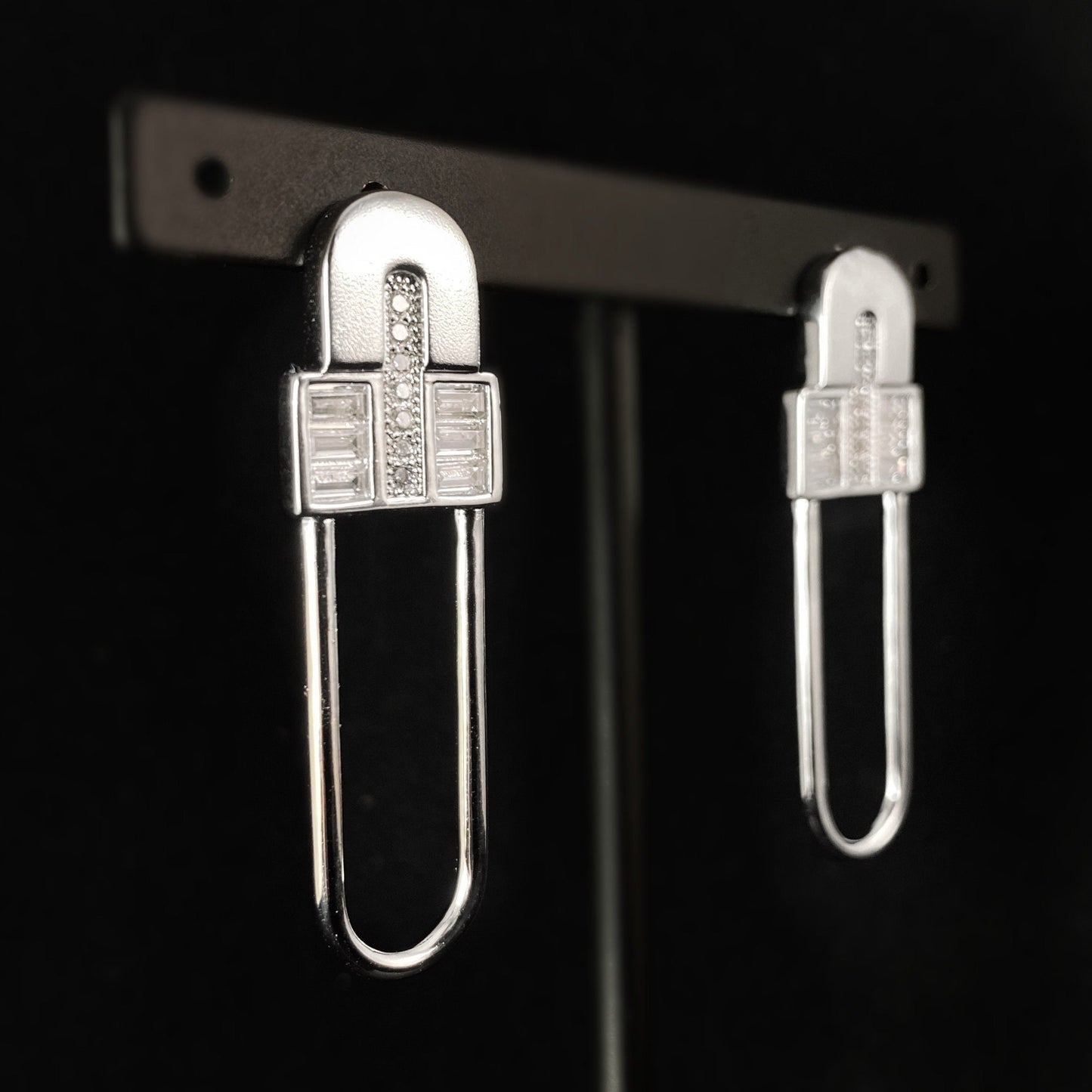 1920s Silver Abstract Safety Pin Earrings with Clear CZ Crystal Accents - Fashionable Jewelry for Women