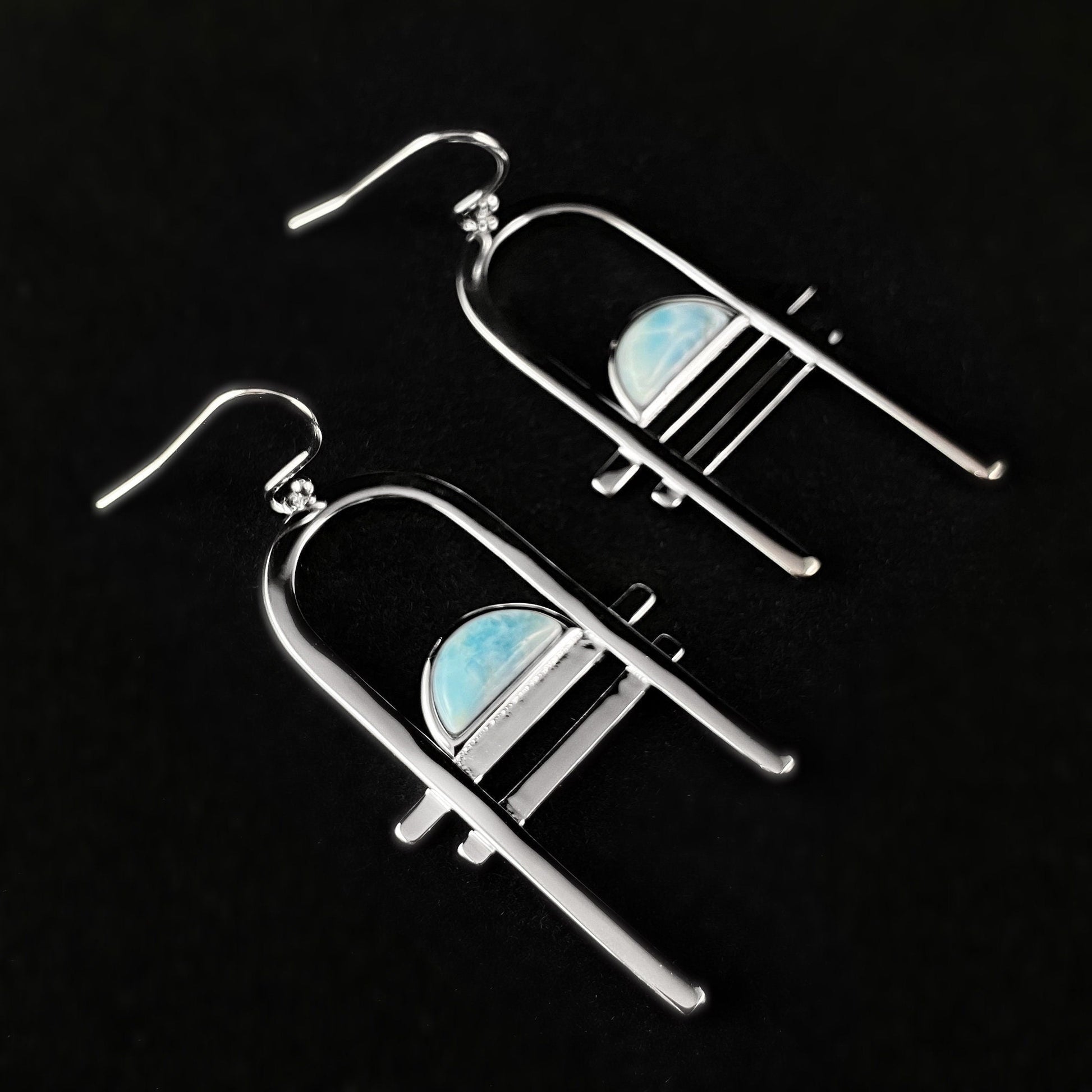 1920s Silver Abstract Statement Earrings with Blue Larimar Stone Accents - Carlyle