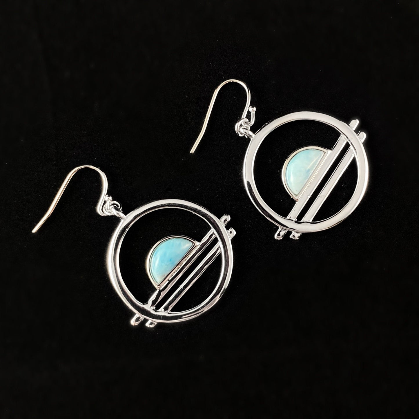 1920s Silver Abstract Statement Earrings with Blue Larimar Stone Accents - Ocean Drive