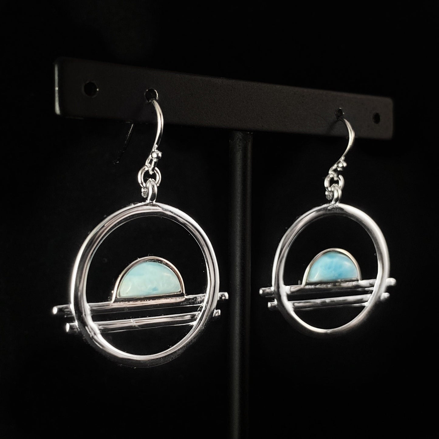 1920s Silver Abstract Statement Earrings with Blue Larimar Stone Accents - Ocean Drive