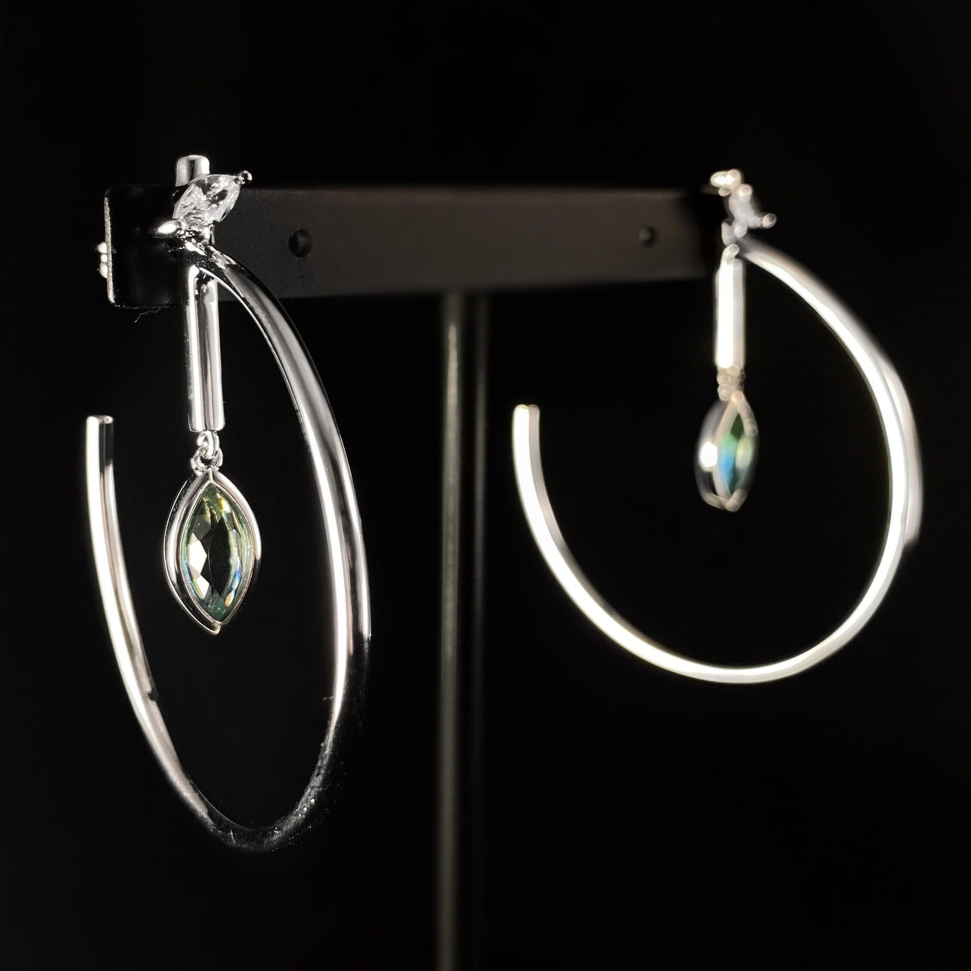 1920s Silver Statement Hoops Earrings with Green Marquise Quartz Stone - Ocean Marquise
