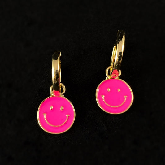 2-in-1 Smiley Face 90s Fashion Inspired Hoop Earrings - Pink