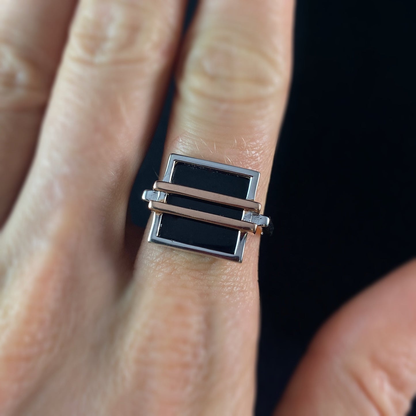 925 Sterling Silver and Rose Gold Modern Black Agate Ring