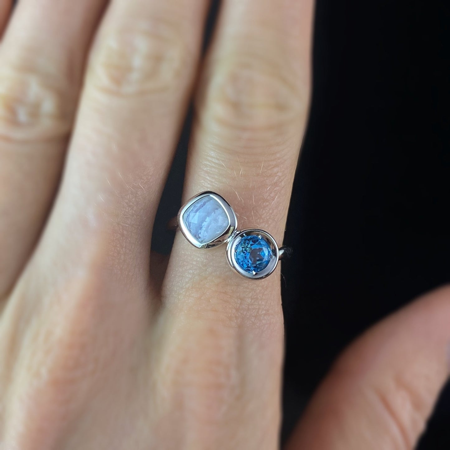 925 Sterling Silver Blue Lace Agate and Blue Topaz Ring -