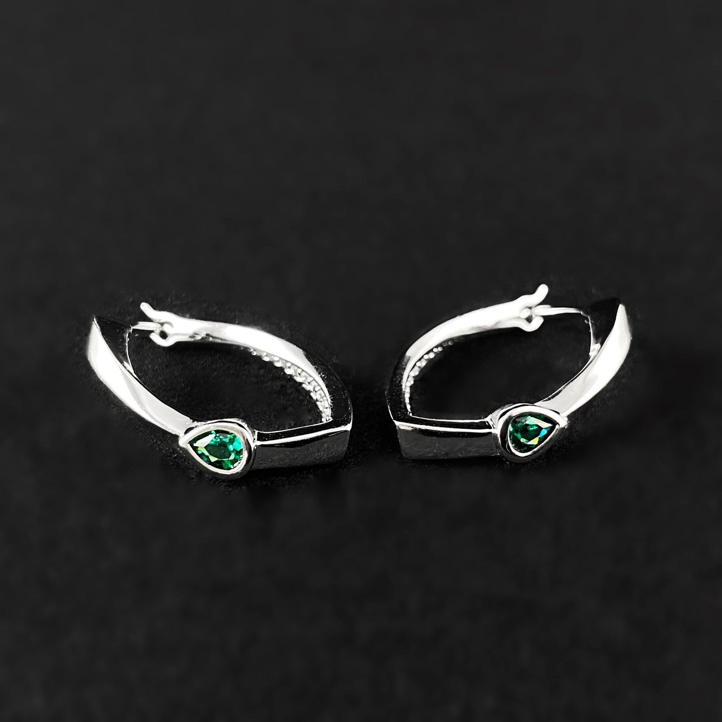 925 Sterling Silver Created Emerald and Pear Shaped Hoop