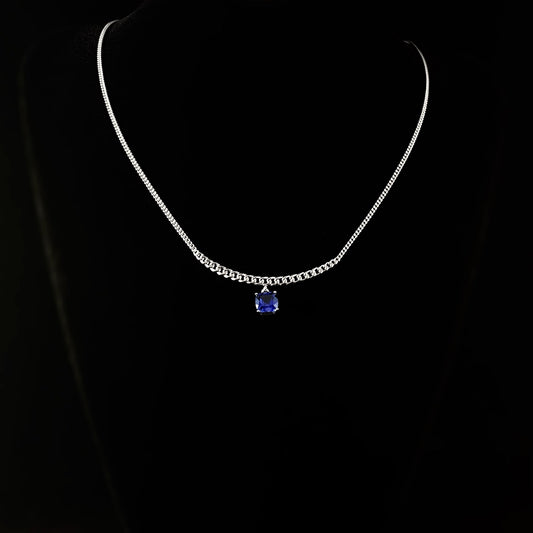 925 Sterling Silver Curb Chain and Cushion Cut Blue