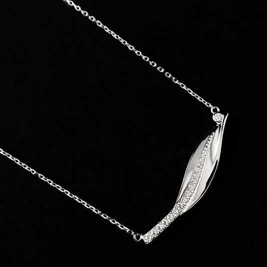925 Sterling Silver Horizontal Leaf Necklace with CZ