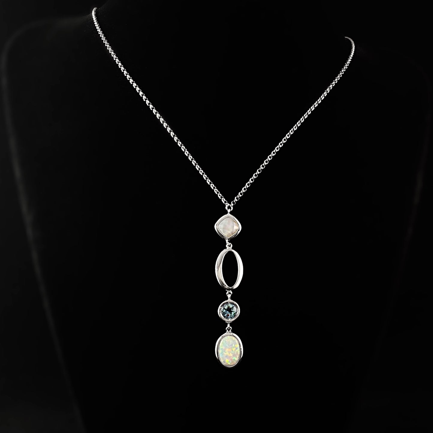 Long 925 Sterling Silver with Opal, Blue Lace Agate, and Blue Topaz Pendant Necklace - Elle Jewelry