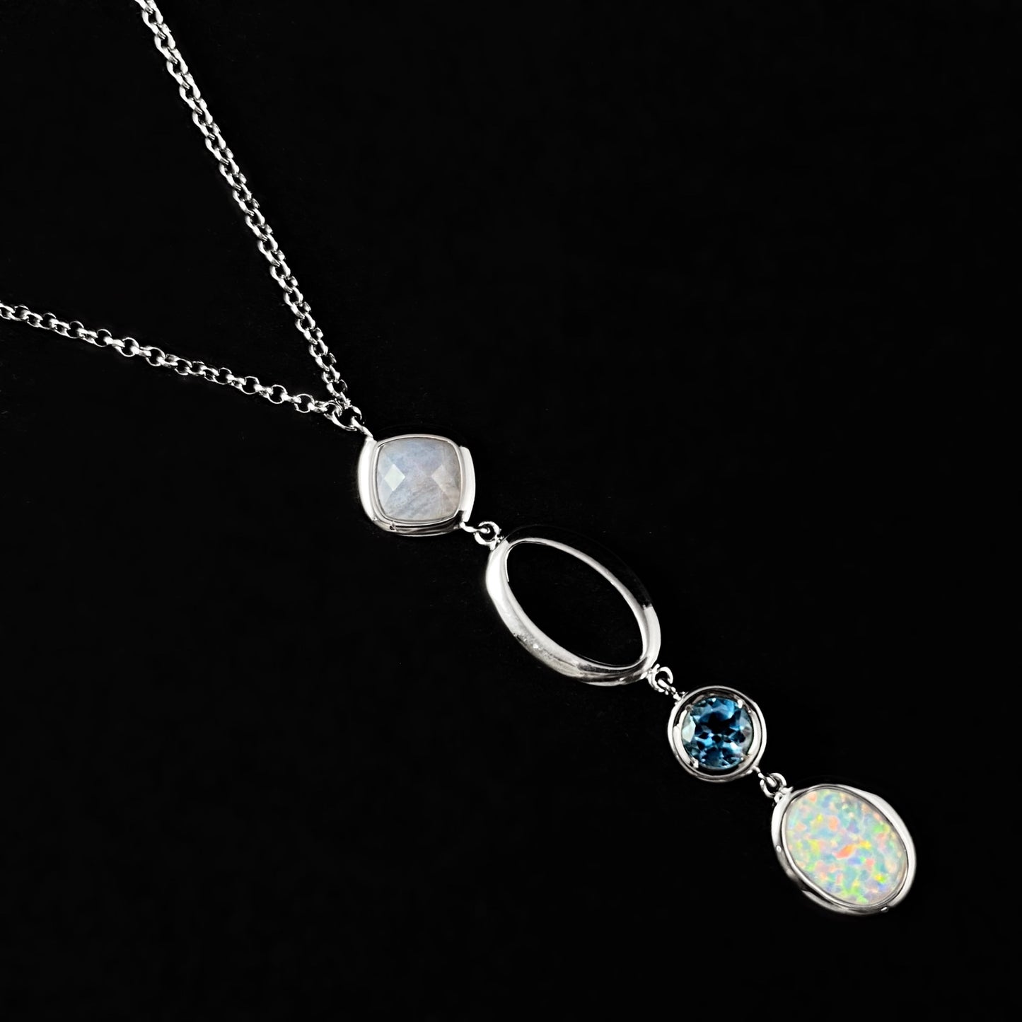 Long 925 Sterling Silver with Opal, Blue Lace Agate, and Blue Topaz Pendant Necklace - Elle Jewelry