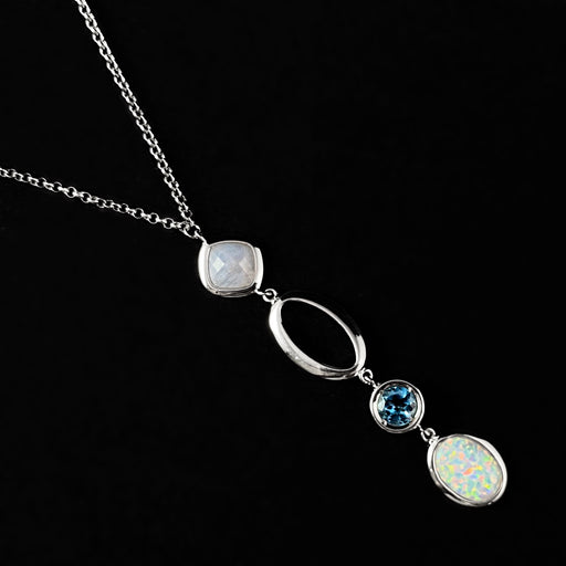 Long 925 Sterling Silver with Opal, Blue Lace Agate, and Blue Topaz Pendant Necklace - Elle Jewelry