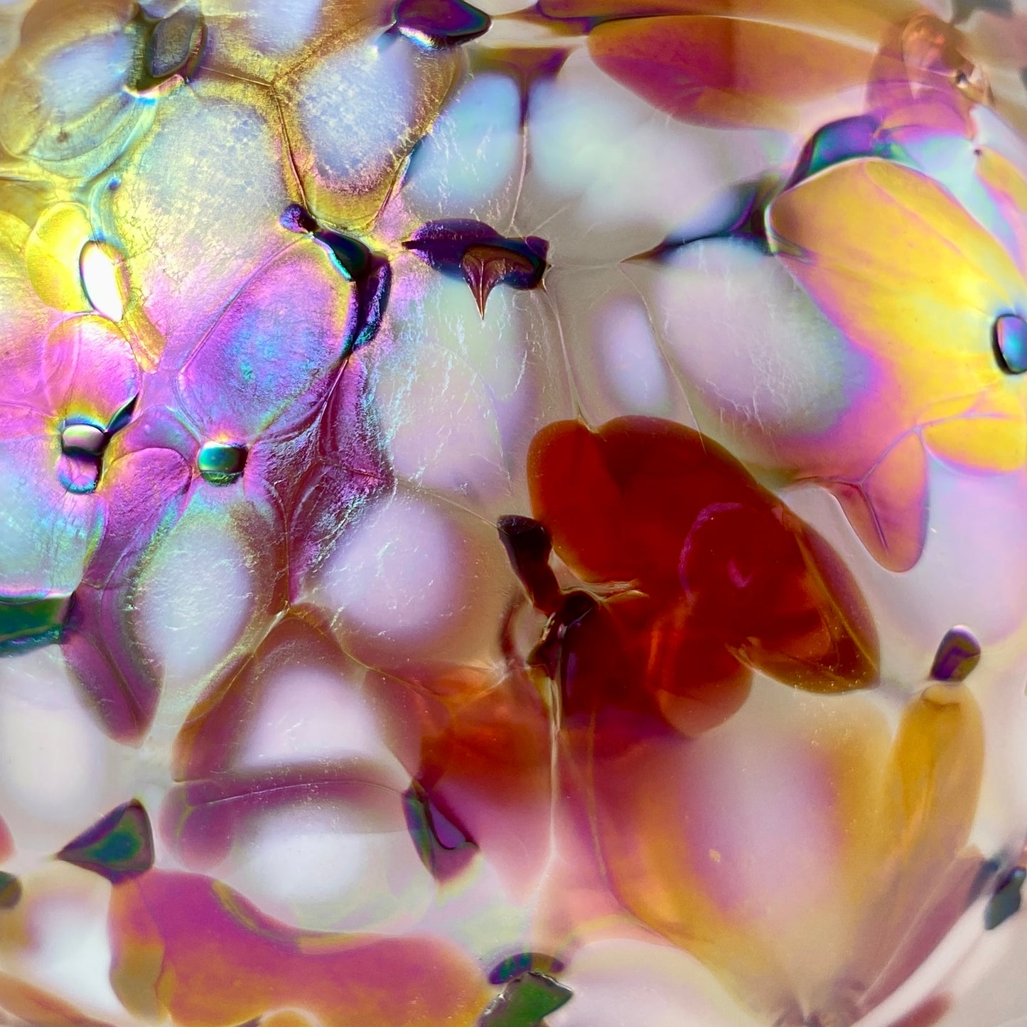 Handmade Glass Witches Ball, #46 - Iridescent Red/Orange and White