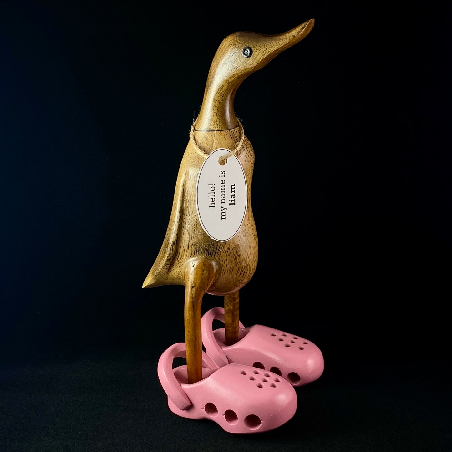 Liam - Hand-carved and Hand-painted Bamboo Duck with Pink Crocs