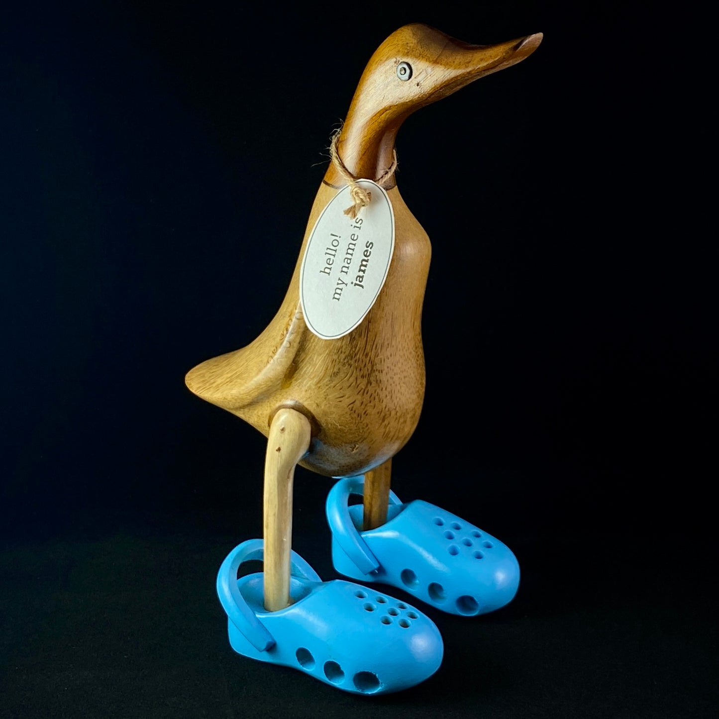 James - Hand-carved and Hand-painted Bamboo Duck with Blue Crocs