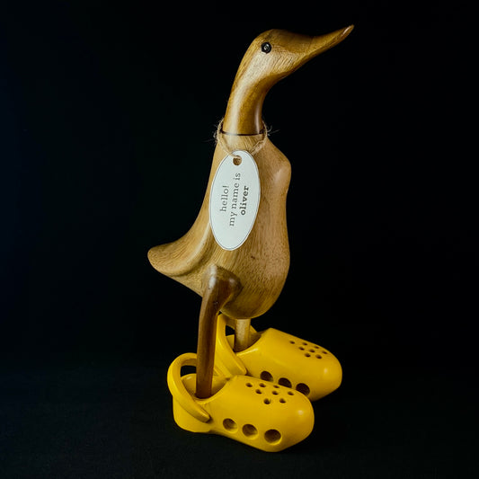 Oliver - Hand-carved and Hand-painted Bamboo Duck with Yellow Crocs