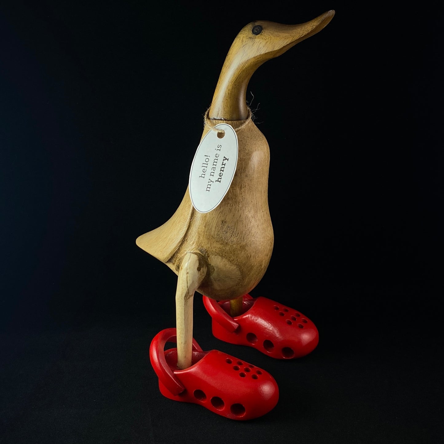 Henry - Hand-carved and Hand-painted Bamboo Duck with Red Crocs
