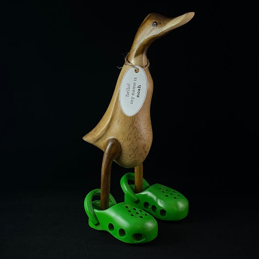 Noah - Hand-carved and Hand-painted Bamboo Duck with Green Crocs