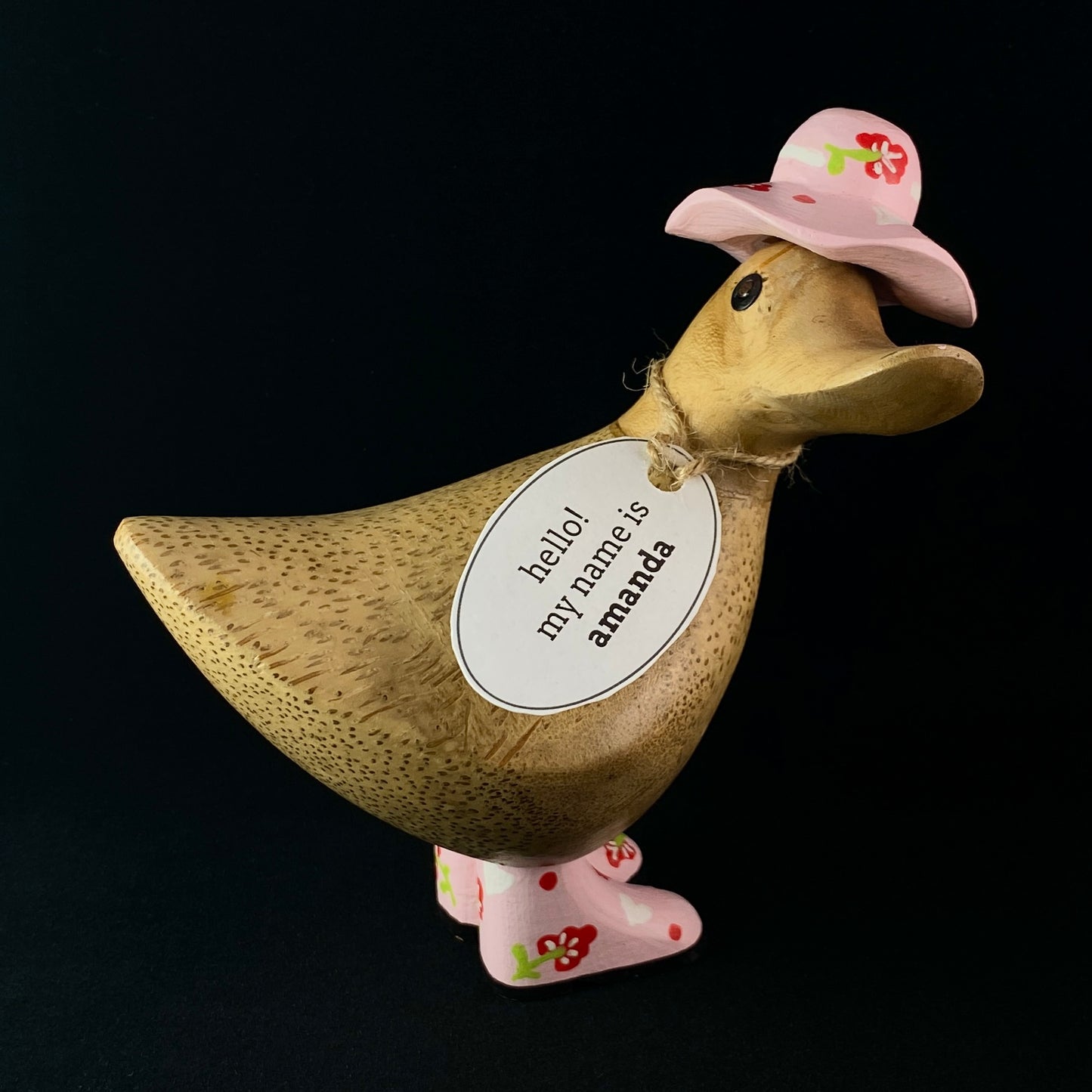 Amanda - Hand-carved and Hand-painted Bamboo Duck with Pink Hat & Boots