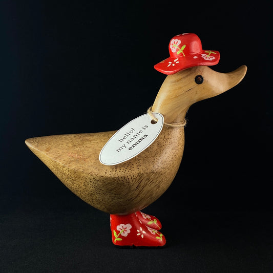 Emma - Hand-carved and Hand-painted Bamboo Duck with Red Hat & Boots