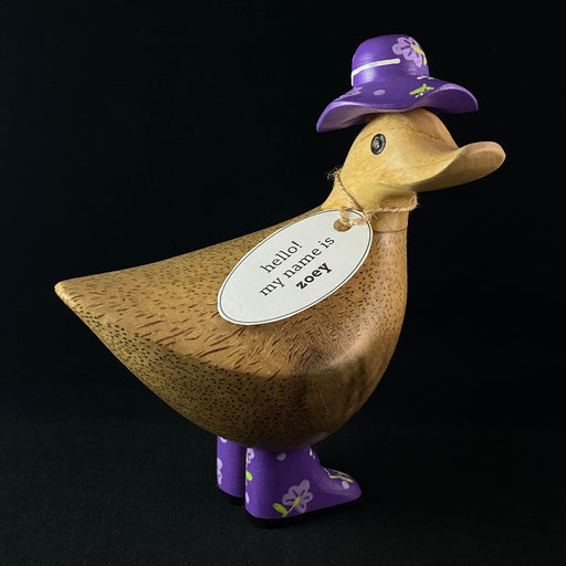 Zoey - Hand-carved and Hand-painted Bamboo Duck with Purple Hat & Boots