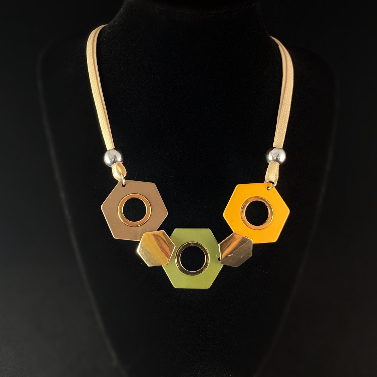 Abstract 70s Style Yellow and Green Statement Necklace - Art Teacher Style Jewelry Made in France