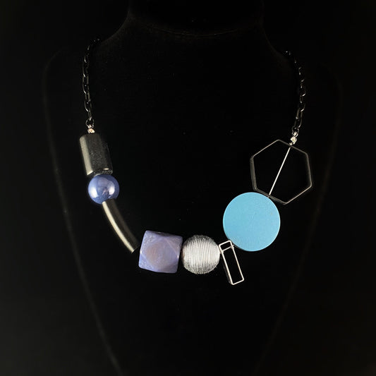 Abstract Mid-Century Style Blue and Silver Statement Necklace - Art Teacher Style Jewelry Made in France