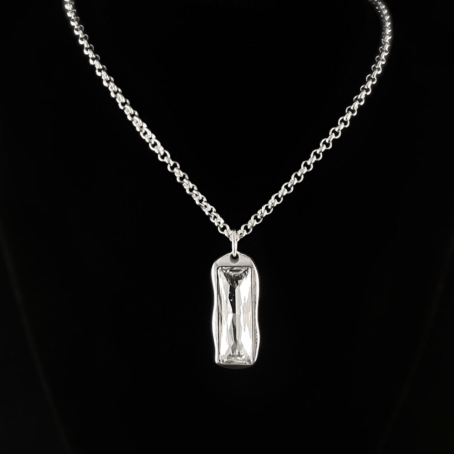 Abstract Rectangular Crystal Statement Pendant on Silver Chain Necklace - Handmade, Nickel Free - Ulla